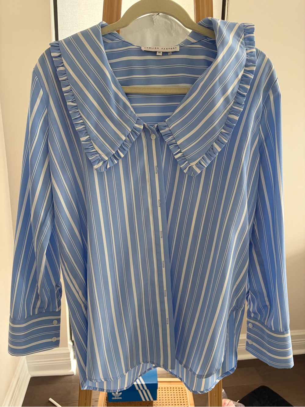 English Factory Striped Ruffle Collar Button-Front Blouse - Light Blue - Picture 1 of 2